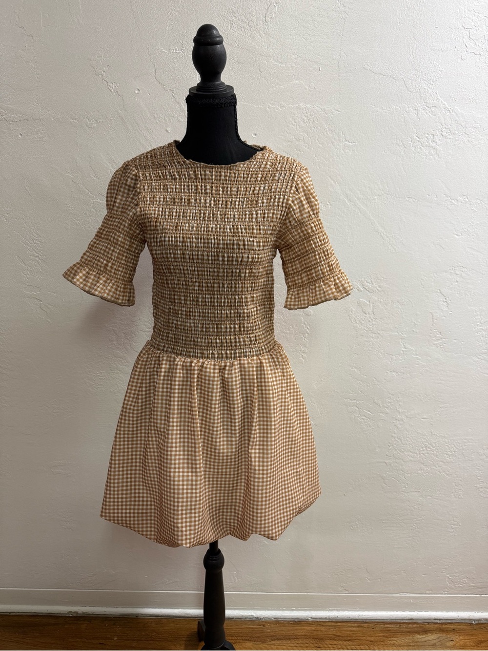 Smocked Gingham Mini Dress in Tan